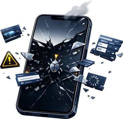 Cracked phone screen icon representing an app crash